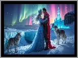 Kobieta, Korona, Mężczyzna, Wilki, Zorza polarna, Zima, Fantasy