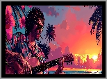 Mężczyzna, Gitara, Morze, Zachód słońca, Grafika AI